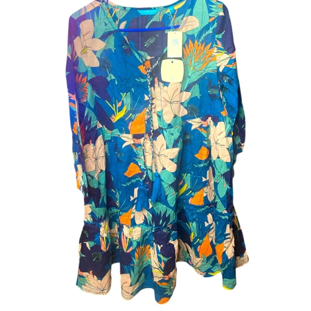 Tori Richard Blue and White Casual Tiered Sundress with Flutter Sleeves size S